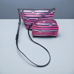 Kate Spade Patrice Crossbody & Makeup Pouch Pink Multi Lip Print Leather Bag
